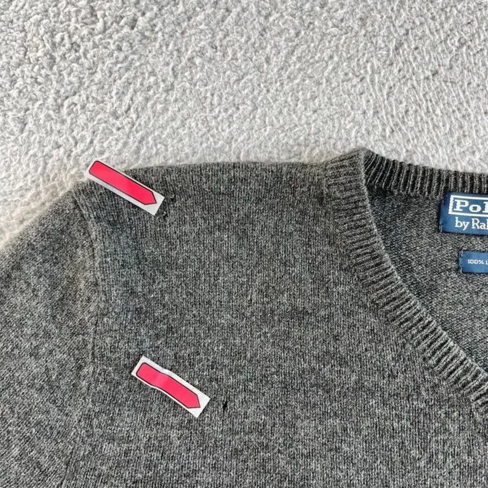 Ralph Lauren Polo Sweater Mens Large Gray Italian Yarn Lambs Wool V Neck READ‎